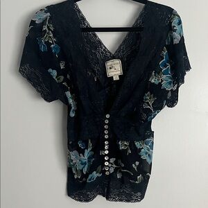 Pink Rose Black Lace Blouse with Blue Floral Design